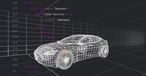 Futuristic Wireframe Car Model with Cybersecurity Elements