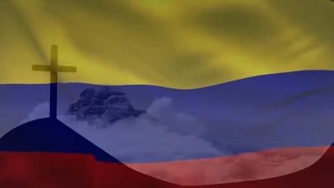 Tricolor Flag Waving with Mountain and Cross Silhouette