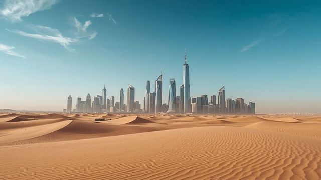 Futuristic skyline rising above expansive desert dunes