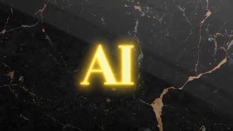 Gilded AI monogram glowing on black marble while golden dust sweeps across frame