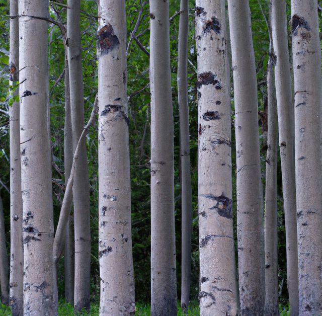 This image showcases a group of tall aspen trees in a dense forest with lush green foliage in the background. The aspen trees' white bark provides a striking contrast to the surrounding greenery. Perfect for nature-themed projects, environmental content, and promoting tranquility and outdoor activities.