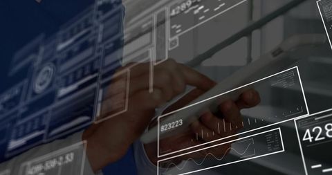 Mature businesswoman holding smartphone with holographic data dashboards and ar interface