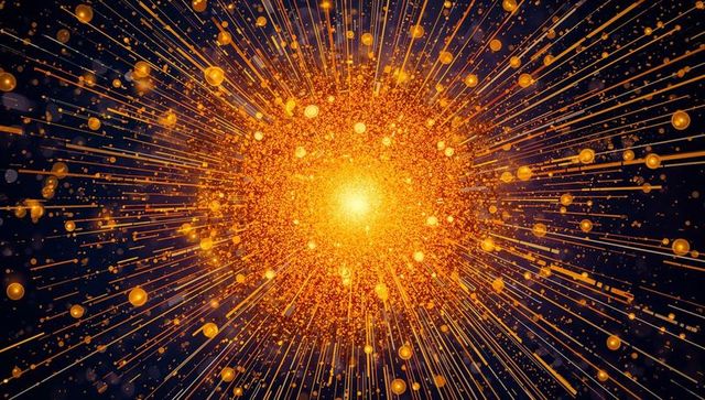 Radiating golden energy burst with radial light streaks and glowing particles, cosmic neon