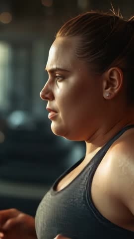 Vertical treadmill workout video showing woman starting run with smartwatch pace tracking