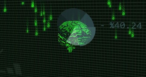 Neon Green 3D Brain Rotating on Futuristic HUD with Data Grid and Analytics