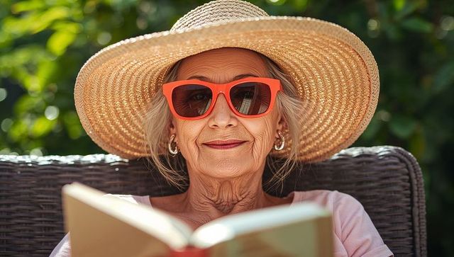 Senior woman reading outdoors wearing straw hat and orange sunglasses