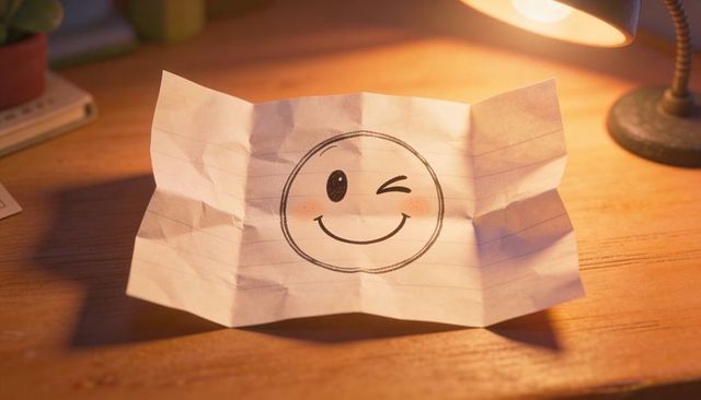 Winking smiley sketch on crumpled lined paper on warm wooden desk with lamp and plant