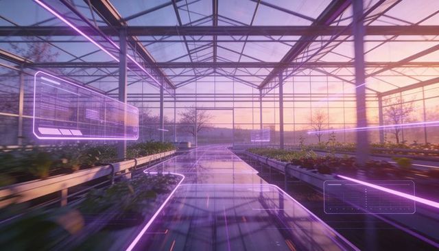 Futuristic smart greenhouse with holographic interfaces and neon-lit reflective walkway