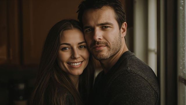 Smiling couple standing by window embracing intimacy warm cozy home portrait