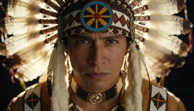 Native american man wearing feathered headdress and beaded choker, dramatic backlight