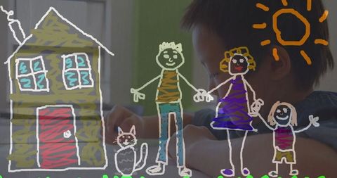 Child learning in school with hand-drawn family and house illustrations
