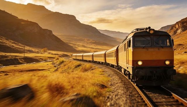 Traveling orange diesel train curving through golden mountain valley sunset, scenic rail