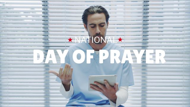 Visual depicts a Caucasian male doctor engaged in prayer while using a tablet, suggesting the integration of spirituality and technology. Relevant for concepts in healthcare meditation, spirituality in medicine, or National Day of Prayer promotions. Suitable for awareness campaigns, educational content, or social media stories.