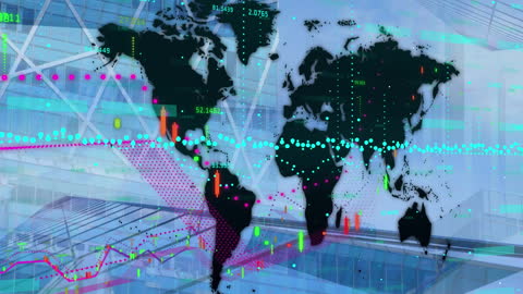 Global Financial Data Overlapping World Map with Modern Architecture