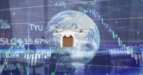 Drone delivering package against global financial data background