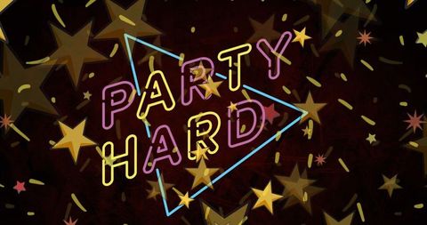 Neon Party Spirit with Gold Stars and Abstract Play Button