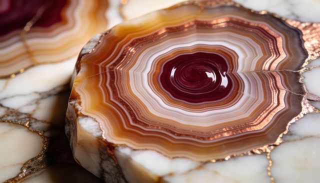 Polished agate slice with burgundy concentric bands and copper rim on marble surface