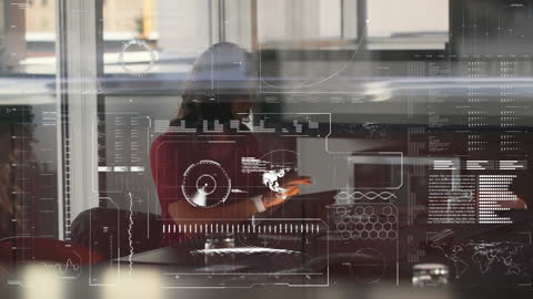 Businesswoman Analyzing Data on Digital Interface Display