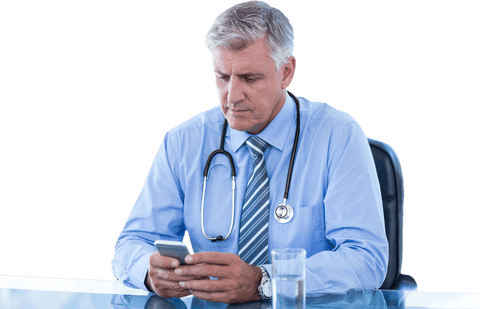Transparent Doctor Using Mobile Phone at Work Desk