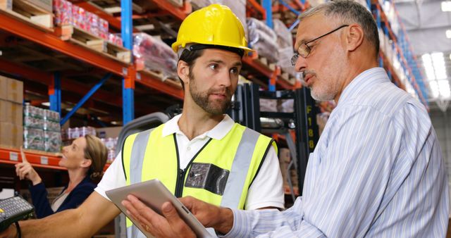 Warehouse supervisor wearing safety vest and helmet discussing tasks with manager holding tablet. Suitable for depicting workplace communication, management in logistics, and organization in industrial settings.