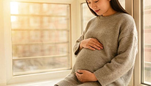 Pregnant woman cradling belly on sunlit windowsill in cozy grey knit sweater