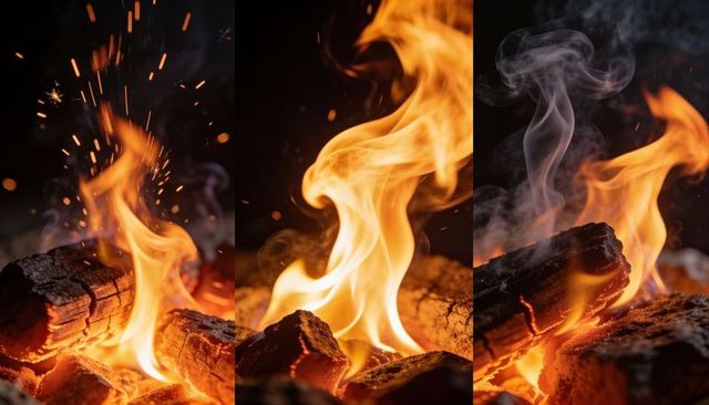 Dancing flames curling over charred logs triptych with glowing embers and sparks