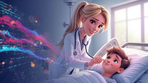 Pediatric doctor comforting child and listening with stethoscope amid digital health data stream