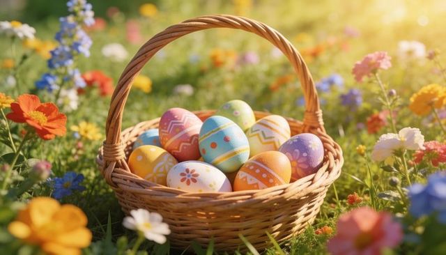 Sunlit pastel easter eggs nesting in wicker basket amid vibrant wildflower meadow