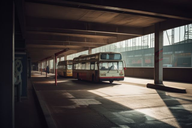 Classic buses parked at an empty urban bus terminal, illuminated by soft morning light, highlighting the station and enhancing the nostalgic atmosphere. Suitable for showcasing retro urban transportation, historical infrastructure, and public transit networks.