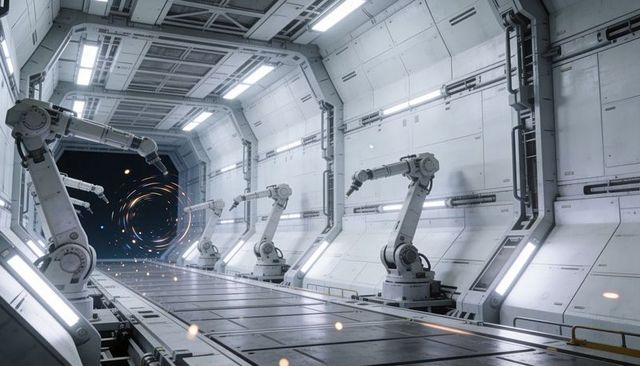Robotic arms guiding automated conveyor toward glowing vortex in industrial futuristic hangar