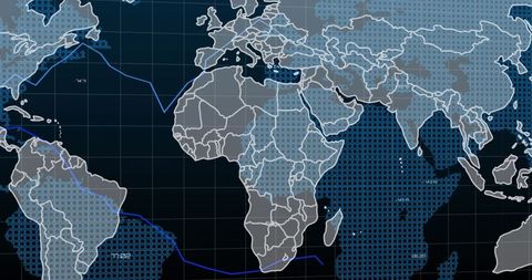Digital World Map with Data Routes and Grid Overlay