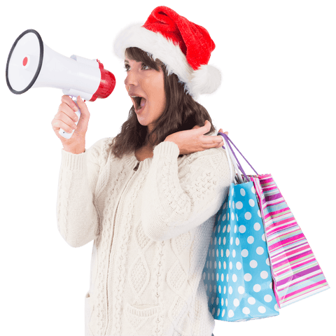 Excited Woman in Santa Hat with Megaphone Promoting Christmas Sales