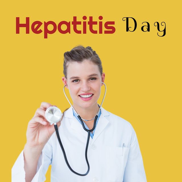 Portrait of young caucasian doctor with hepatitis day text and stethoscope on yellow background. copy space, digital composite, hepatitis awareness concept, prevention, healthcare.