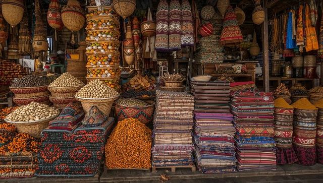 Displaying colorful bazaar stall selling handwoven kilims, baskets, spices, dried nuts