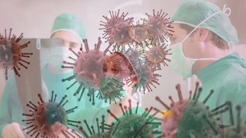 Surgeons Collaborating with COVID-19 Cells Visible