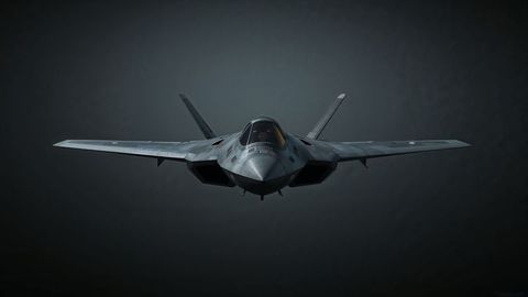 Futuristic stealth fighter jet in dark studio hovering midair