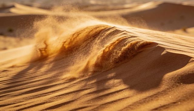 Wind-blown sand crest forming golden plume over rippled desert dunes at sunrise
