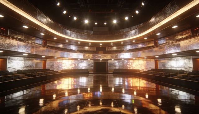 Gleaming circular auditorium with reflective floor, tiered balconies and stage lighting