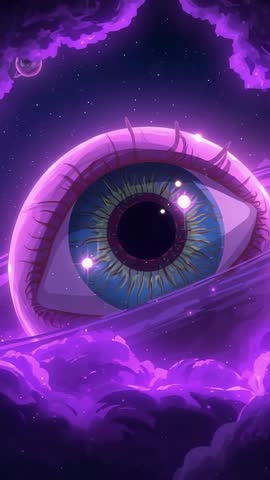 Vertical video panning through purple nebula revealing giant cosmic eye and pulsing orb