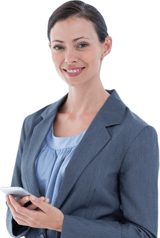 Transparent Smiling Businesswoman Holding Smartphone
