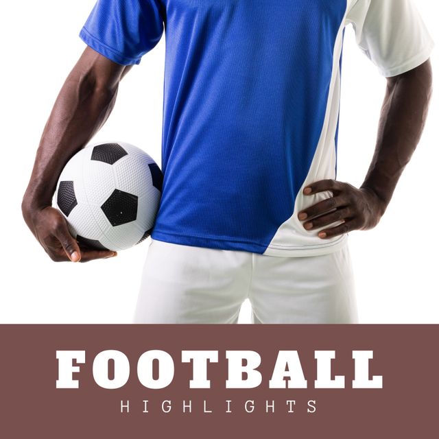 Showcase soccer highlights with this energetic and professional image of an African American male soccer player in a blue jersey. Perfect for sports promotions, athletic advertisements, or football event materials.