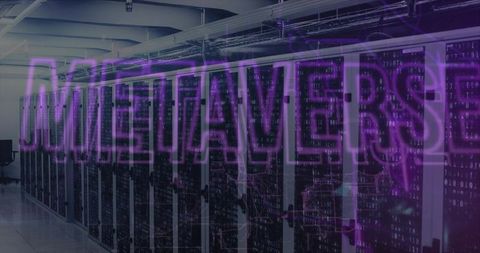 Server racks glowing with purple leds, metaverse overlay creating futuristic data center