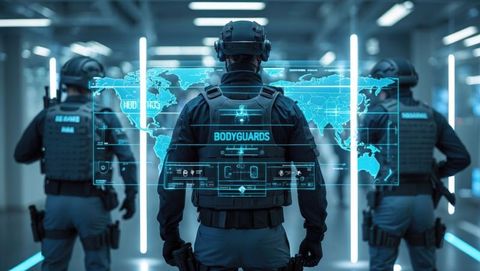 Futuristic bodyguards with holographic world map