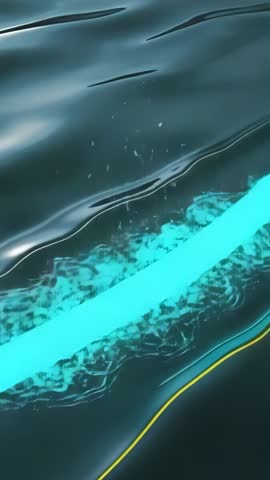 Cyan Bar Gliding Across Dark Water Creating Bubbles and Ripple Effects, Abstract Loop