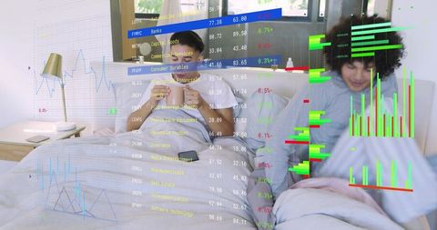 Mid-adult and teen checking finances in bed with overlaid stock market charts and smartphone