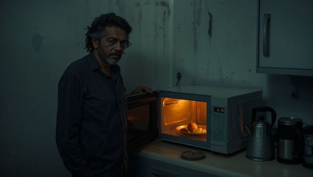 Middle-aged man standing by glowing microwave, contemplating late-night solitude in worn kitchen