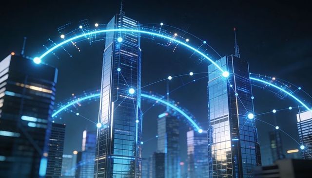 Smart city connecting skyscrapers with glowing blue network arcs at night