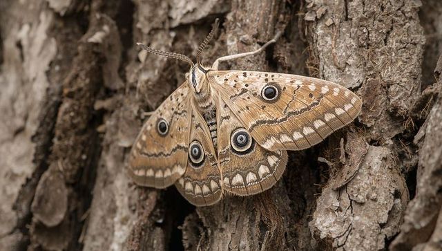 Clinging brown moth with eye spots on textured tree bark, macro wildlife close-up