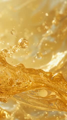 Cresting Golden Liquid Wave Flowing in Vertical Video with Droplet Chain and Bokeh Sparkle