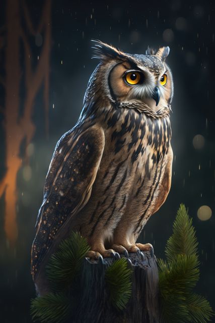 This illustration shows a majestic owl perched on a tree stump in a forest at night. The owl displays intricate feather details and glowing eyes, making it appear vigilant and mysterious. The rain adds a mystical aspect, highlighting its natural habitat. Suitable for use in nature-themed designs, wildlife education materials, ornithology blogs, and artwork emphasizing nocturnal animals.